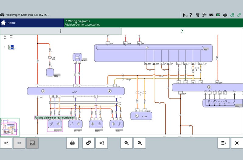 Ultrasound-based parking aid (PDC) Call up circuit diagrams with the diagnostic device